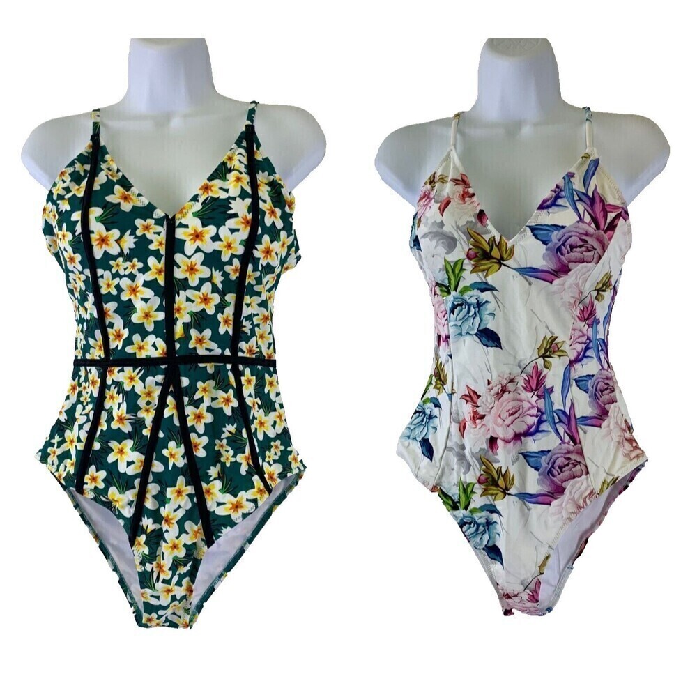 Cupshe Aloha Floral Swimsuit One Piece and Pastel Floral V-Neck Swimsuit Small